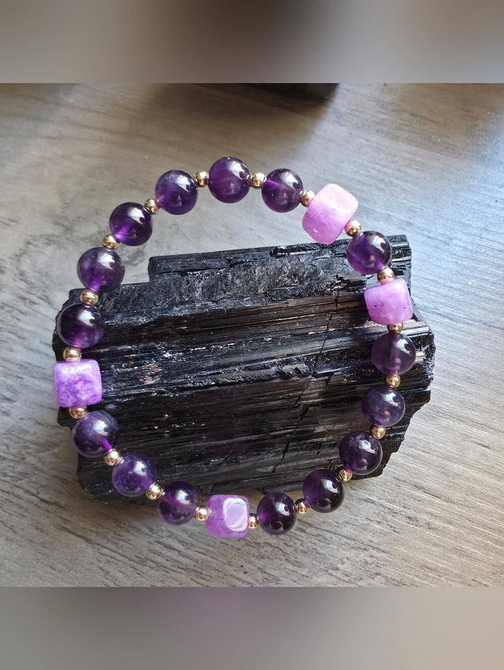 Amethyst and Purple Agate Cube Beaded Stretch Bracelet | 8mm